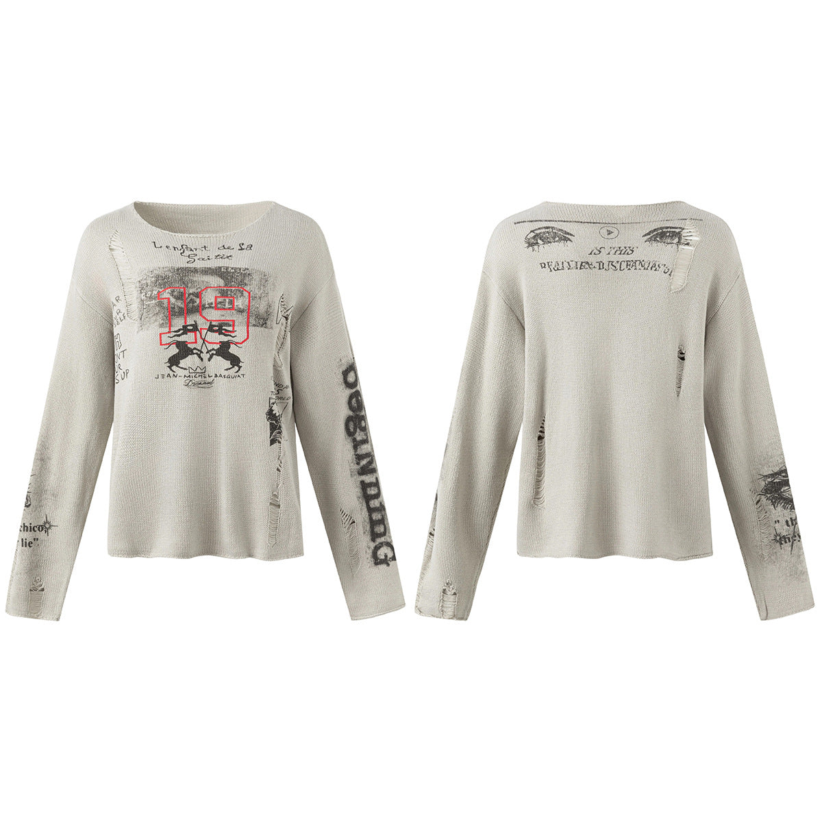 Distressed Graphic Crew Neck Sweater – Vintage American Streetwear Knit