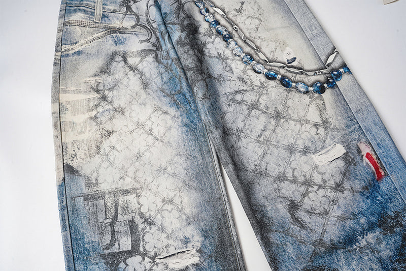 Jean baggy à jambes larges avec imprimé 3D – Denim délavé à ourlet incurvé