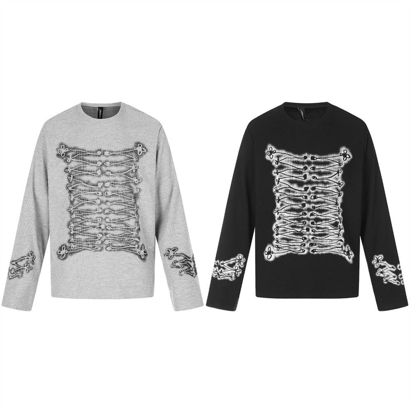 Gray and black long sleeve crew neck tees with rope-knot lace-up graphic on front and sleeves