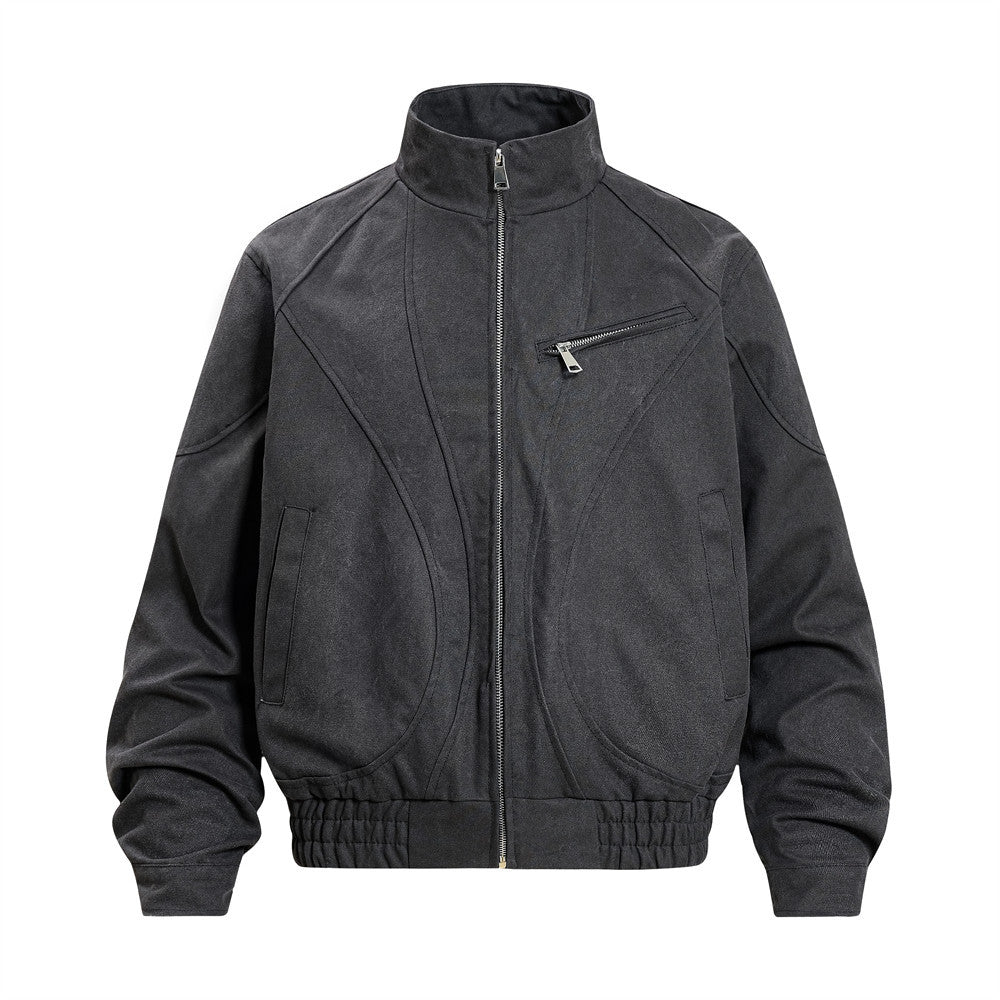 Men's Stand Collar Bomber Jacket with Sculptural Seam Detail