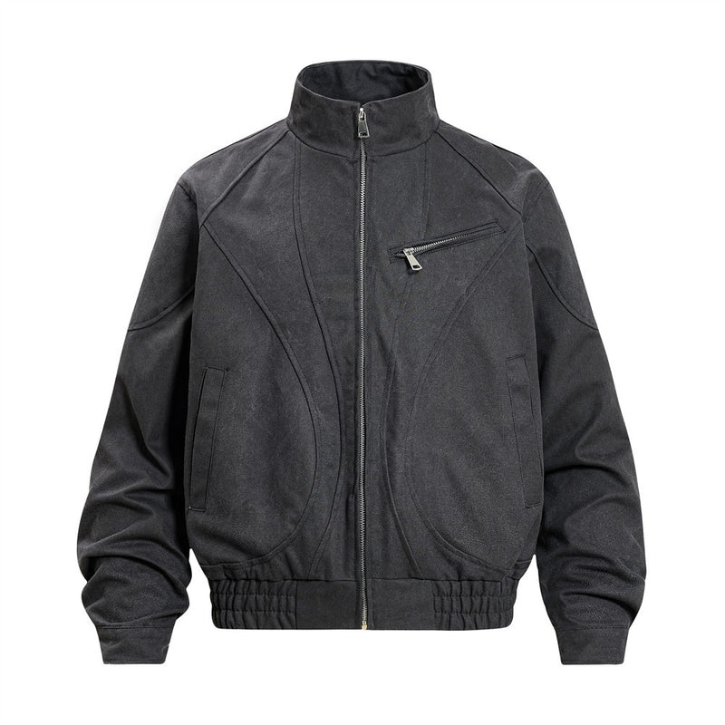 Men's Stand Collar Bomber Jacket with Sculptural Seam Detail