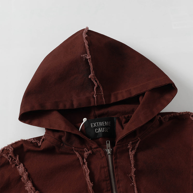 Men's Washed Distressed Zip-Up Hooded Jacket with Raw-Edge Patchwork