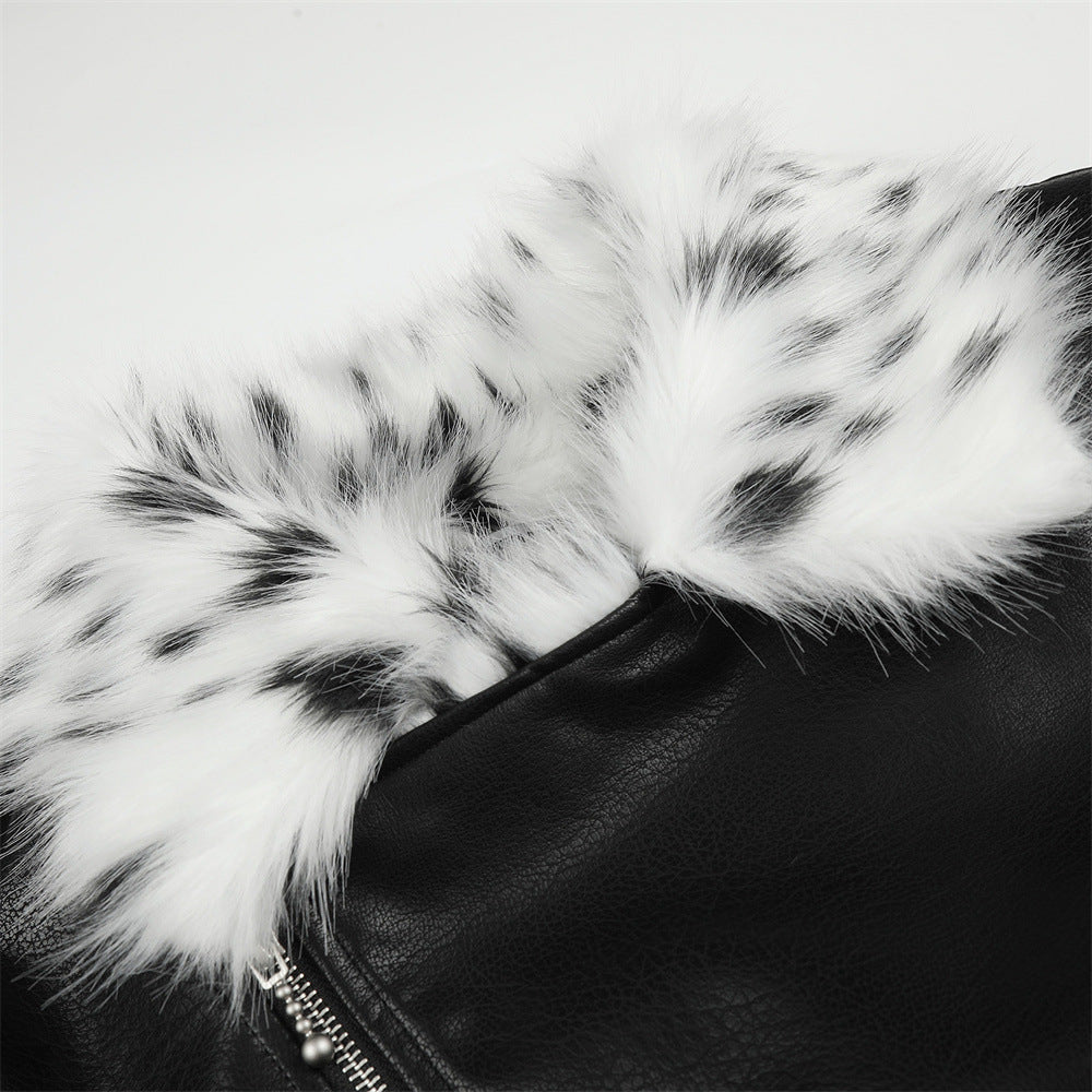 Men's Faux Leather Bomber Jacket with Diagonal Zip & Faux Fur Collar