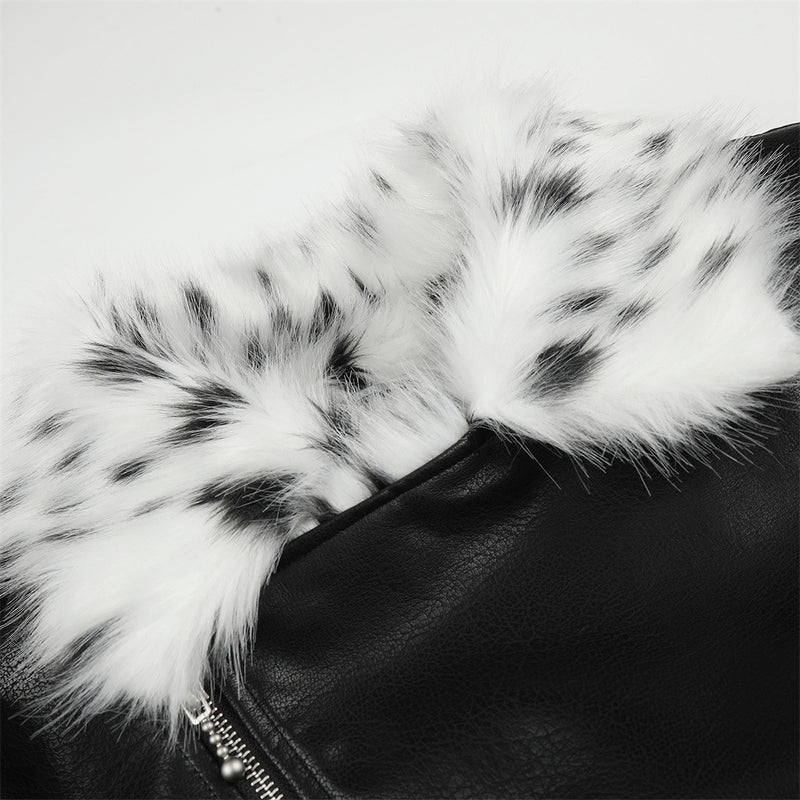 Men's Faux Leather Bomber Jacket with Diagonal Zip & Faux Fur Collar