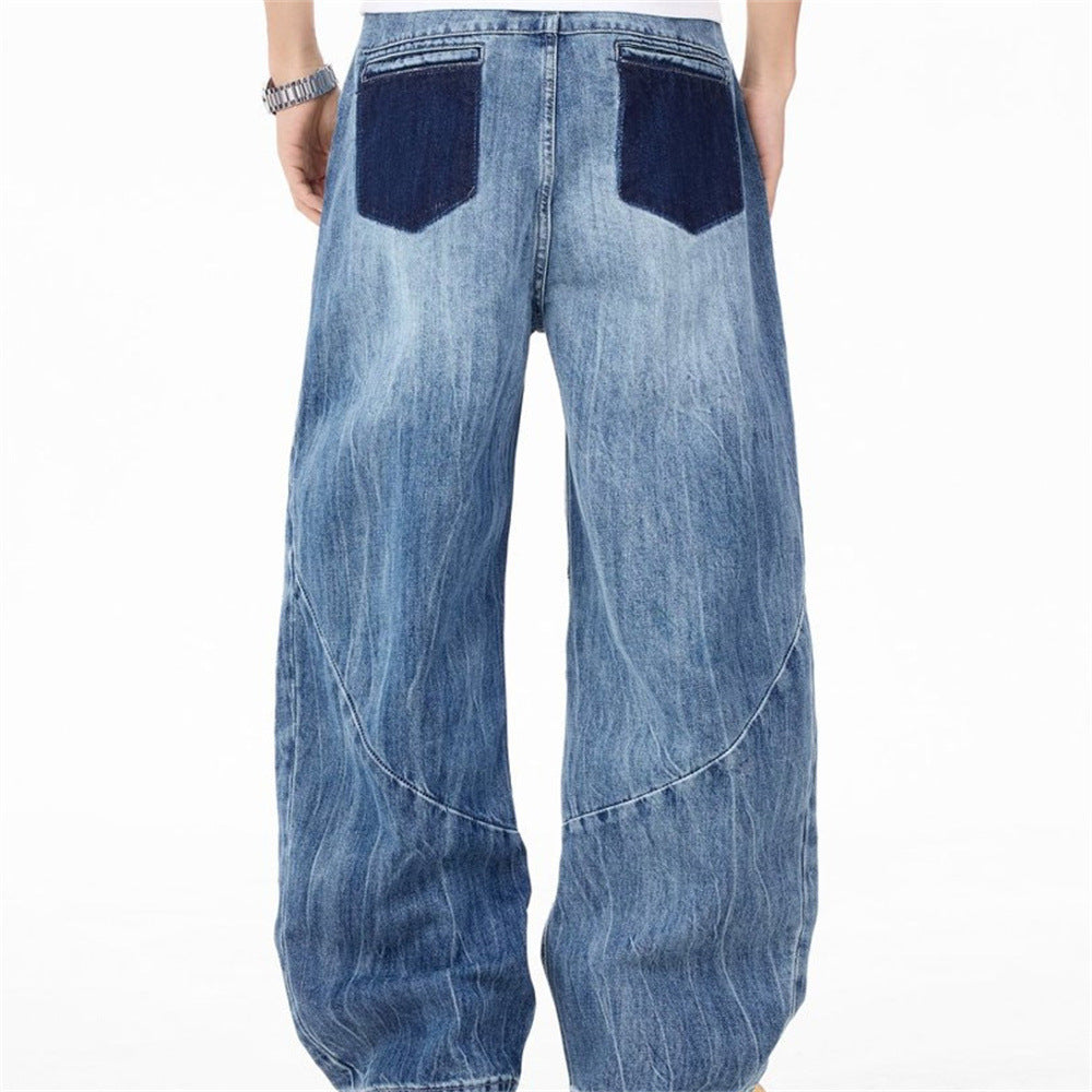 Wide-Leg Baggy Jeans – Washed Blue Curved Seam Design with Contrast Pocket