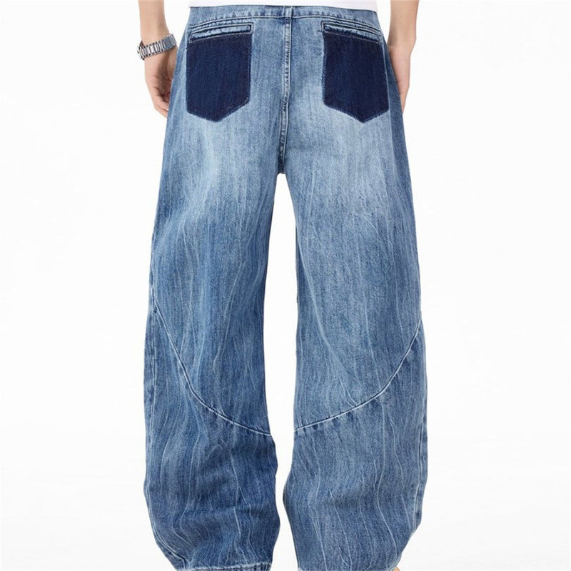 Wide-Leg Baggy Jeans – Washed Blue Curved Seam Design with Contrast Pocket