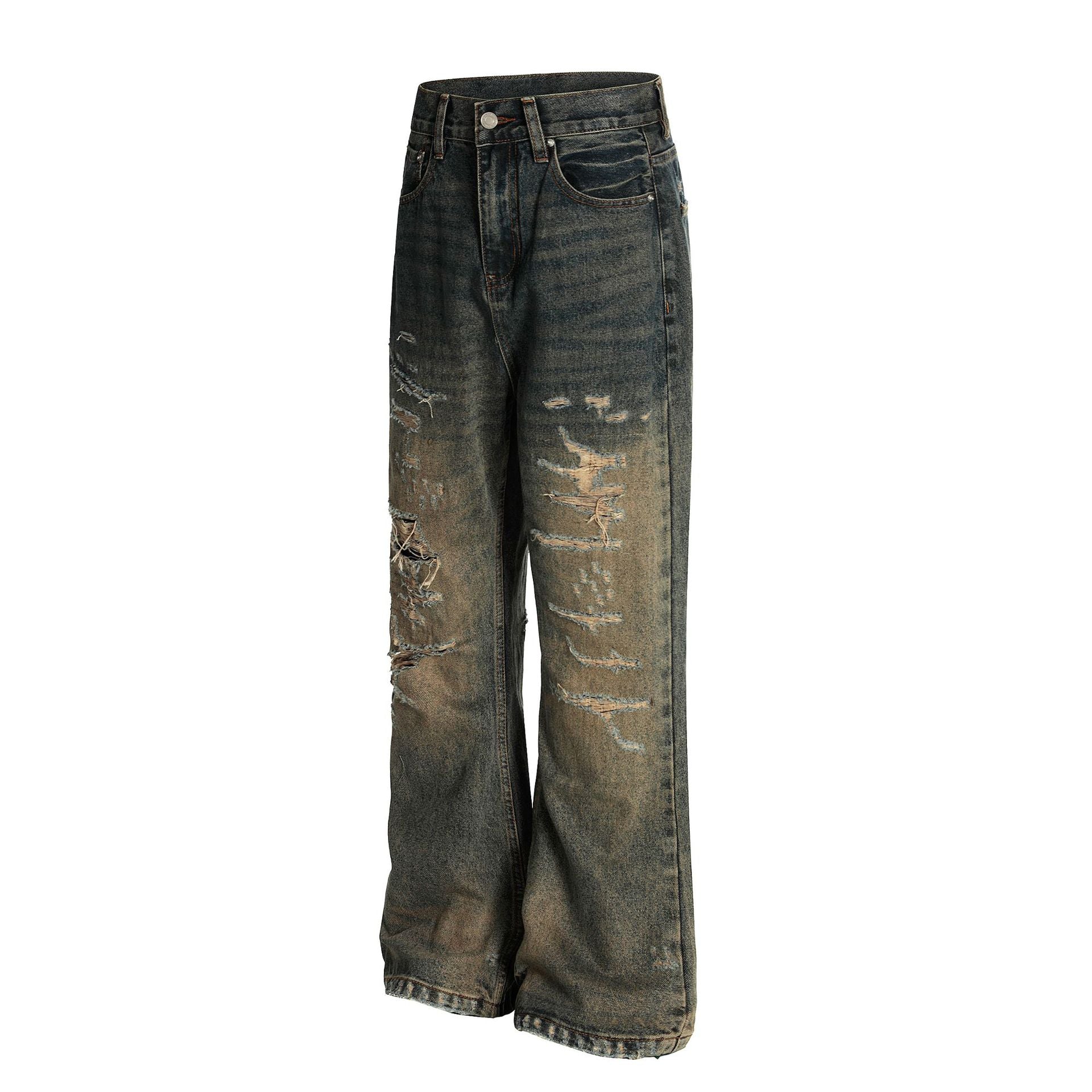 Distressed Straight-Leg-Jeans – Vintage-Washed-Ripped-Denim mit Dirty-Dye