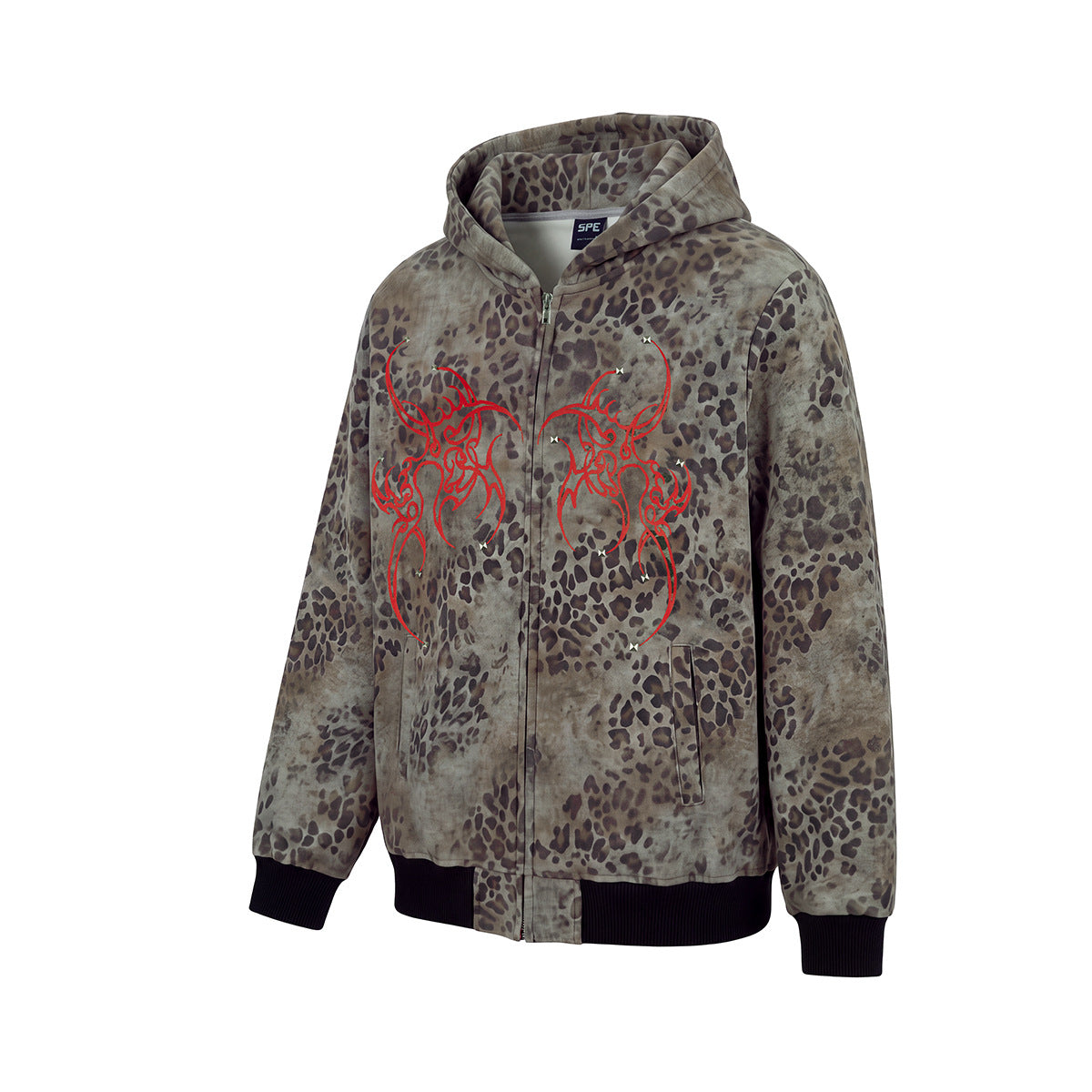 Sudadera con cremallera de estampado de leopardo, alas tribales y gráfico de águila doble
