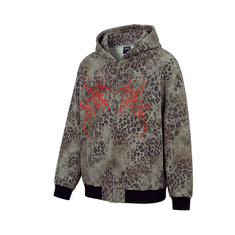 Sudadera con cremallera de estampado de leopardo, alas tribales y gráfico de águila doble