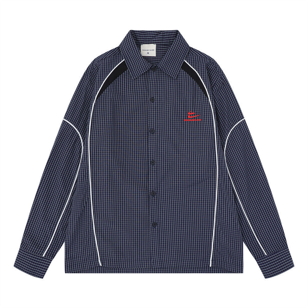 Men's oversized long sleeve gingham plaid shirt with contrast white piping and deconstructed shoulder panel in dark navy