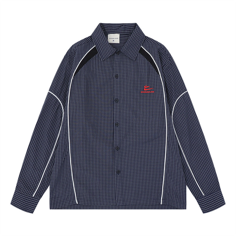 Men's oversized long sleeve gingham plaid shirt with contrast white piping and deconstructed shoulder panel in dark navy