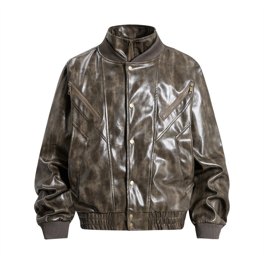 Men's Distressed Glossy PU Leather Bomber Jacket with Stand Collar & Diagonal