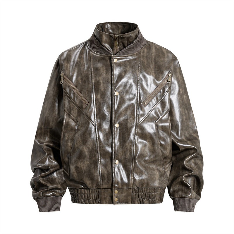 Men's Distressed Glossy PU Leather Bomber Jacket with Stand Collar & Diagonal