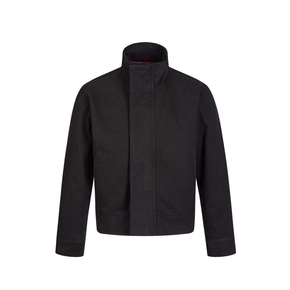 Men's cropped funnel-neck jacket in black with concealed zip placket and ribbed cuffs