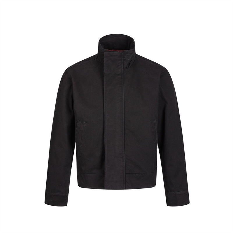 Men's cropped funnel-neck jacket in black with concealed zip placket and ribbed cuffs