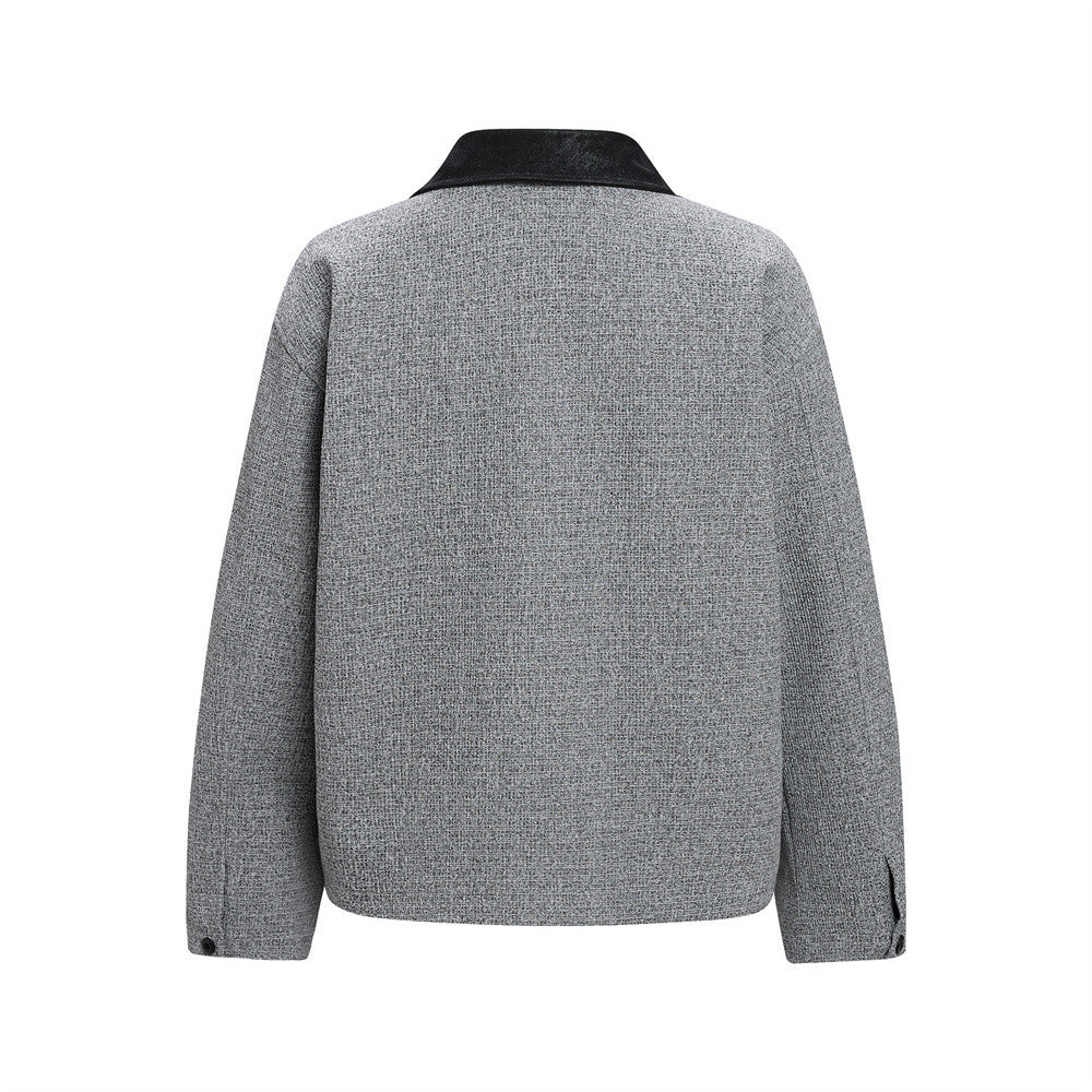 Wolljacke mit Reißverschluss – Herrenjacke aus grauem Tweedgewebe mit kontrastierendem Lederkragen