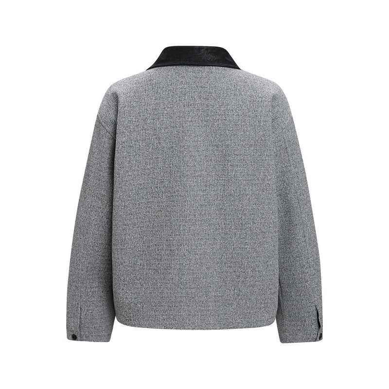 Wolljacke mit Reißverschluss – Herrenjacke aus grauem Tweedgewebe mit kontrastierendem Lederkragen