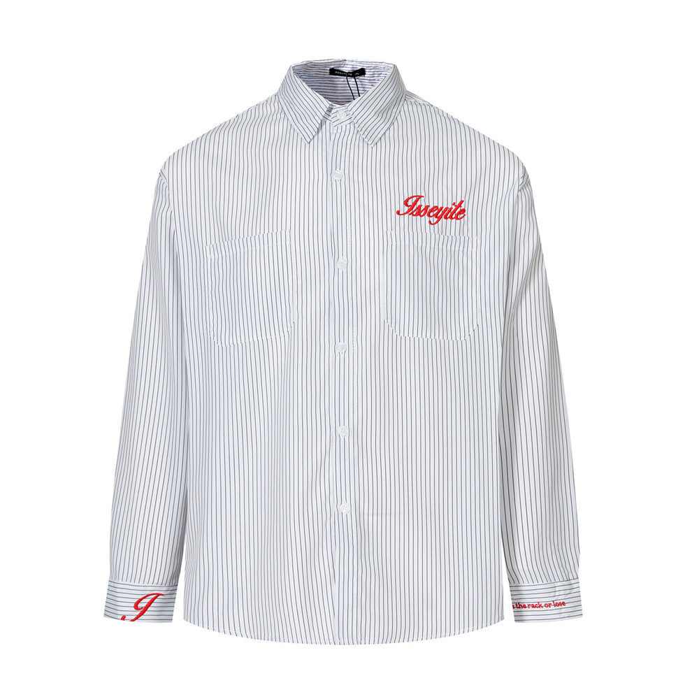 Front view of a white striped long sleeve shirt with red embroidered chest lettering