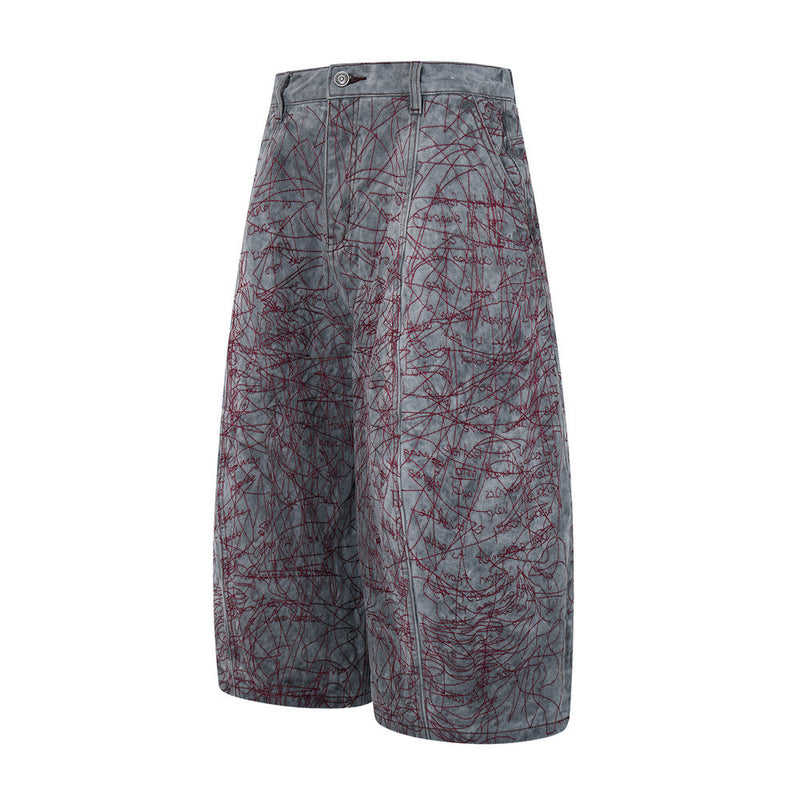 Wide-Leg Denim Shorts with All-Over Graffiti Embroidery – Punk Washed Grey