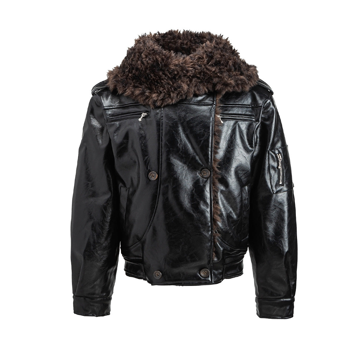 Men's Faux Shearling Collar Leather Bomber Jacket – Oversized Black Winter