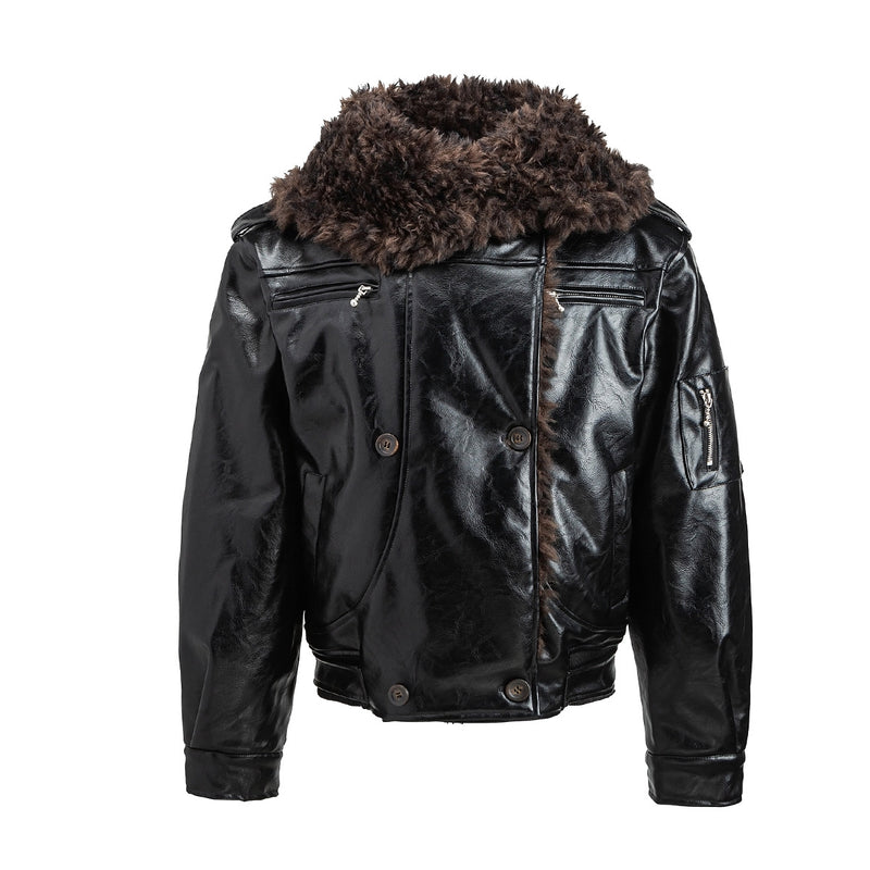 Men's Faux Shearling Collar Leather Bomber Jacket – Oversized Black Winter