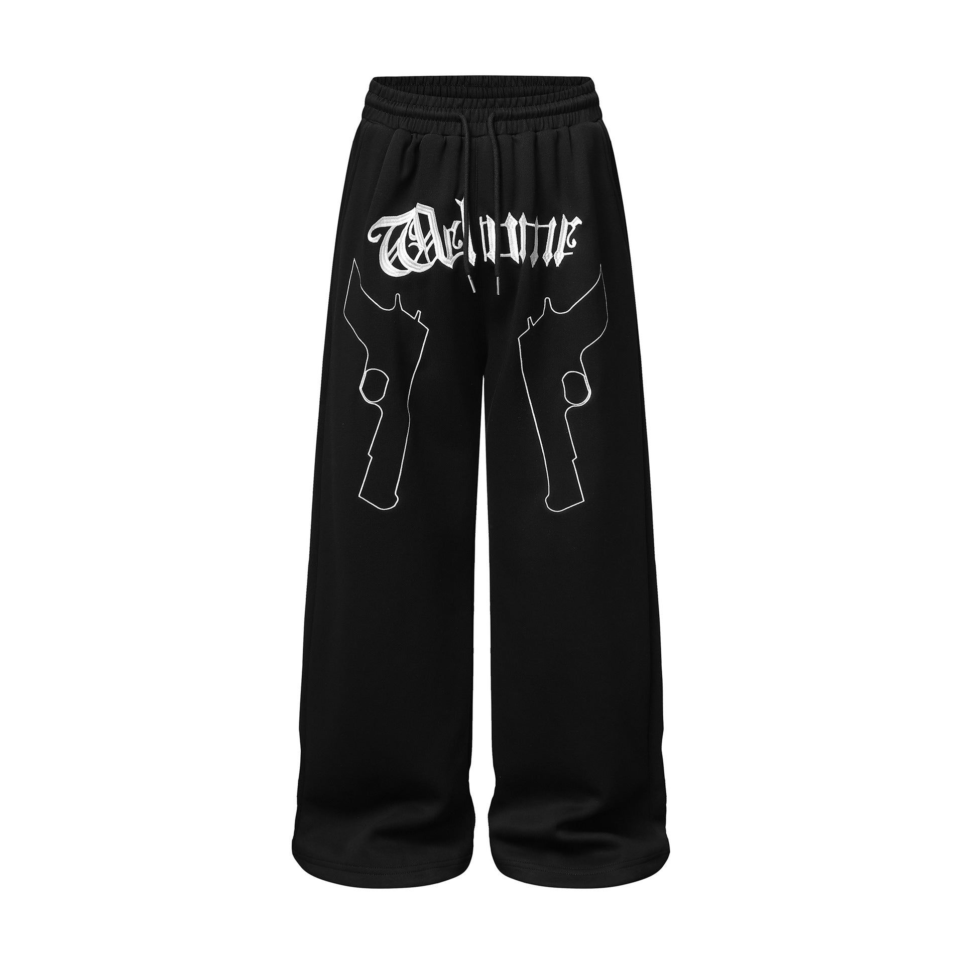 Pantalon de survêtement à jambes larges avec imprimé gothique « Welcome » et deux pistolets – Style streetwear hip-hop