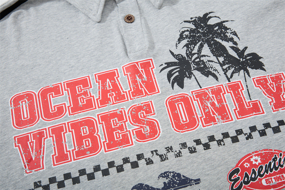 Men's Long Sleeve Rugby Shirt – Ocean Vibes Graphic Polo with Stripe Sleeves