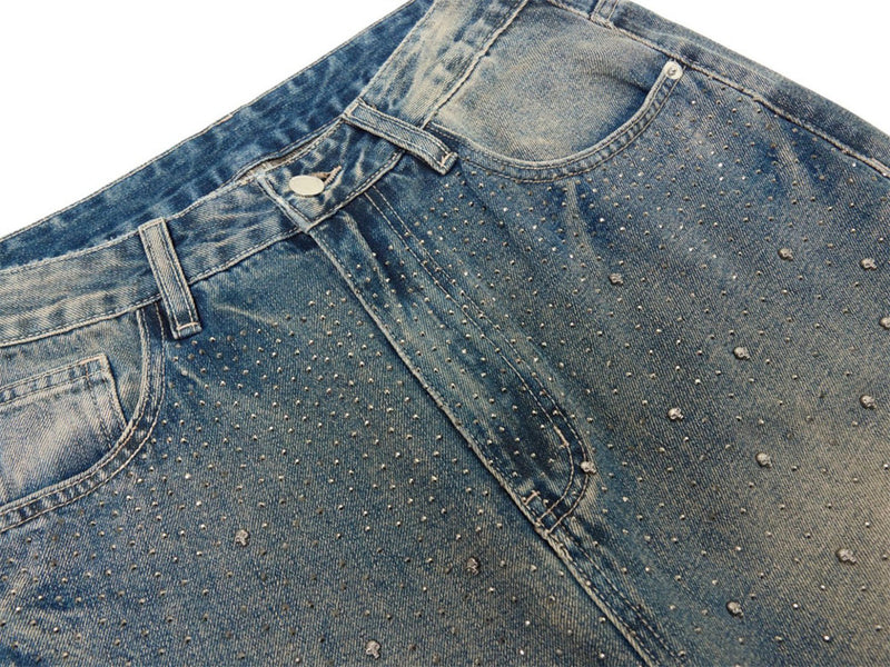 Wide-Leg Jeans Men – Vintage Wash Rhinestone Straight-Fit Denim