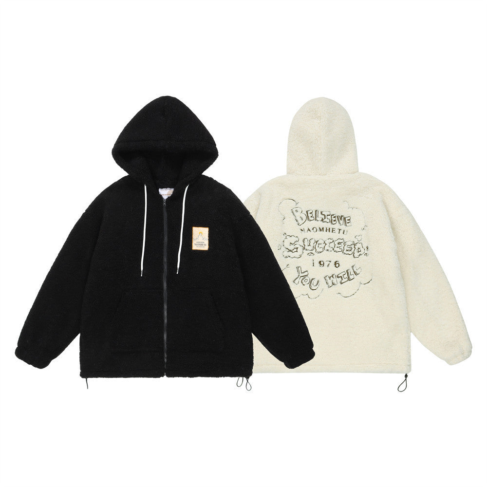 Oversized Sherpa-Fleece-Zip-Hoodiejacke in Schwarz mit Patch vorne und Buchstaben-Print hinten