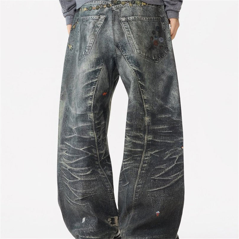 Wide-Leg Jeans with Chain & Bead Embellishments – Vintage Dirty-Wash Punk Denim