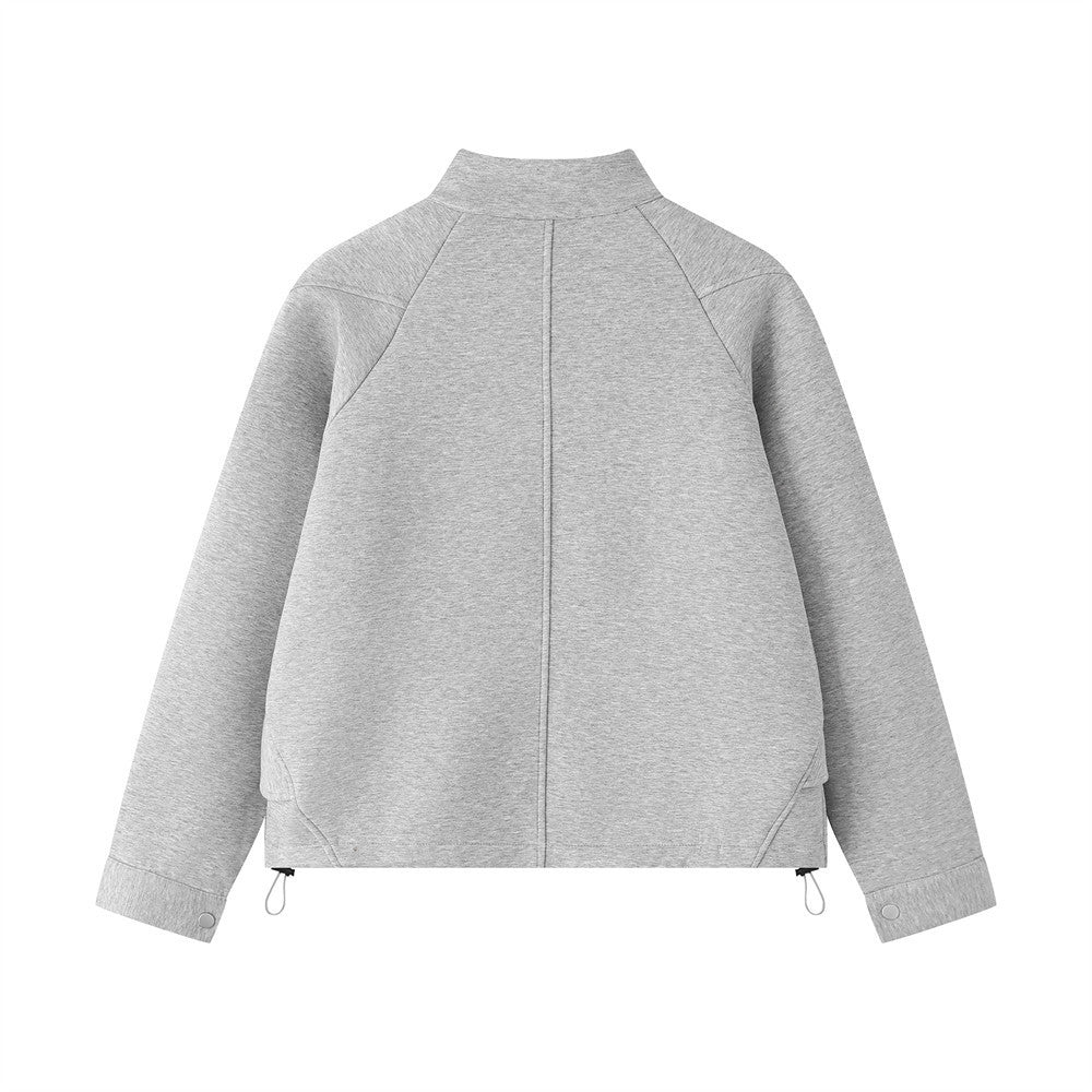 Stand Collar Zip-Up Jacket – Relaxed Fit with Drawstring Hem & Snap Detail