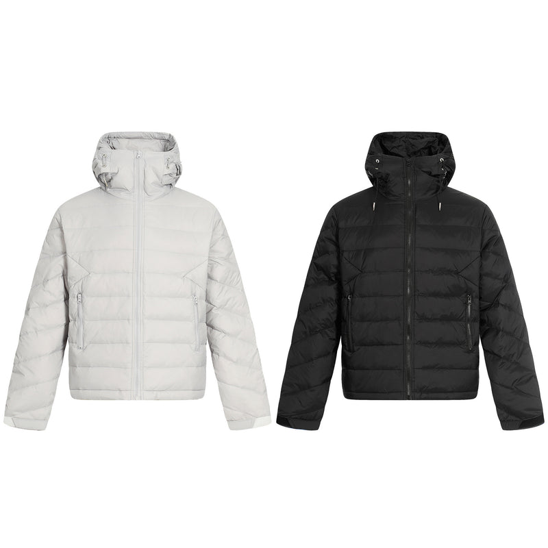 Hooded Puffer Down Jacket – Quilted Winter Coat in Light Gray & Black