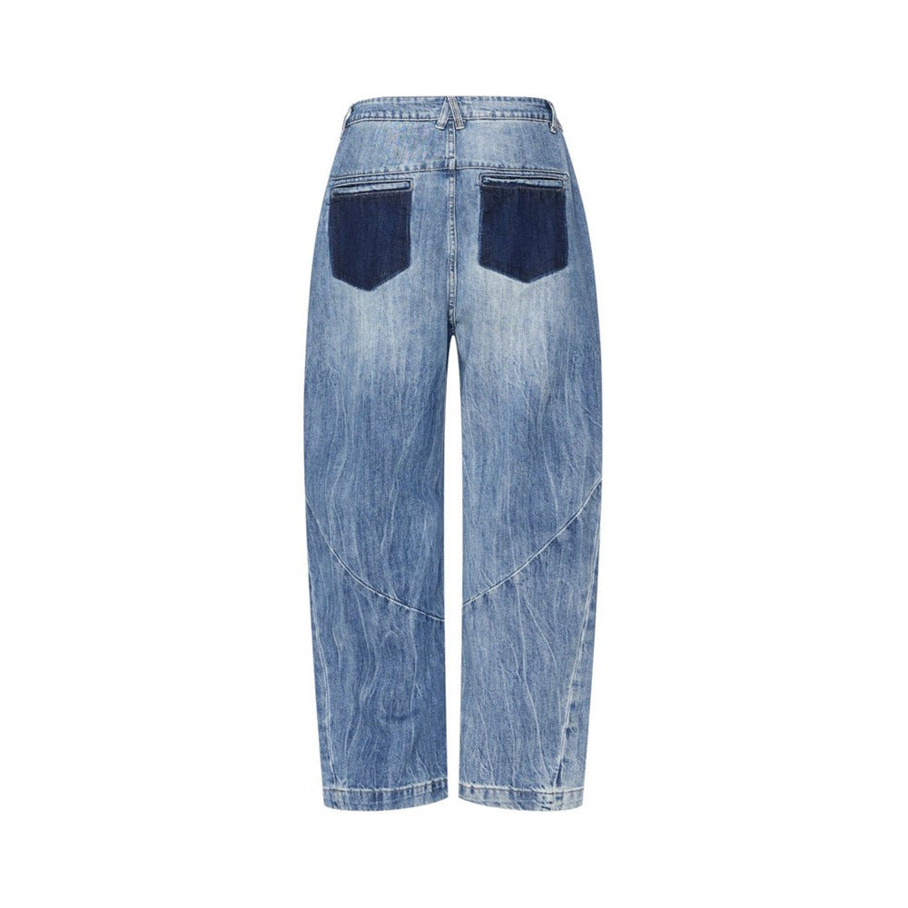 Wide-Leg Baggy Jeans – Washed Blue Curved Seam Design with Contrast Pocket