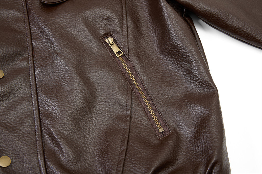 Men's Vintage Leather Bomber Jacket – Stand Collar PU Leather with Snap Buttons