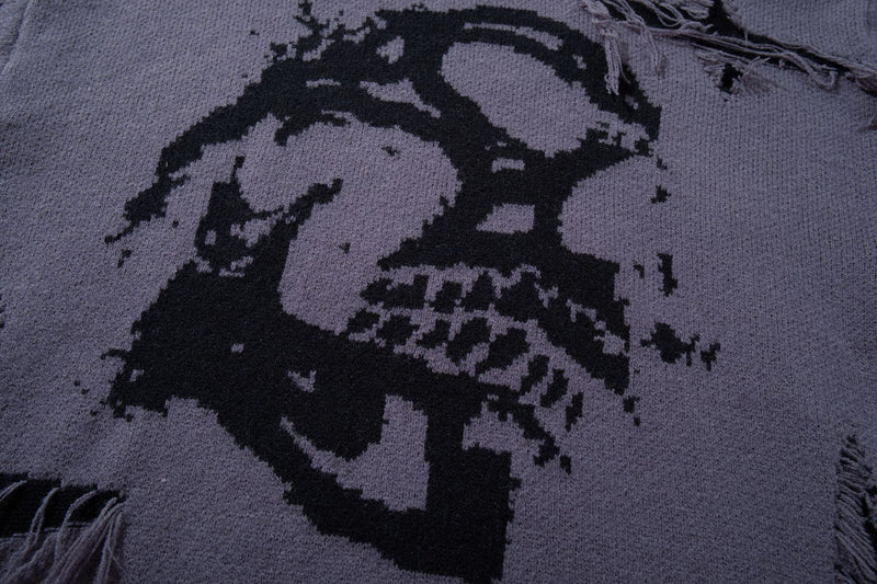 Men's Skull Jacquard Distressed Knit Sweater – Oversized Crewneck
