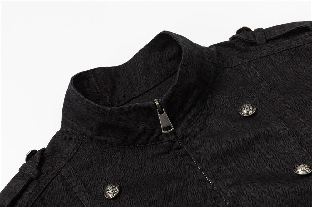 Black Double-Breasted Military Jacket – Stand Collar Structured Workwear Coat
