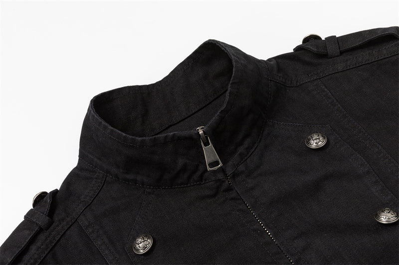 Black Double-Breasted Military Jacket – Stand Collar Structured Workwear Coat