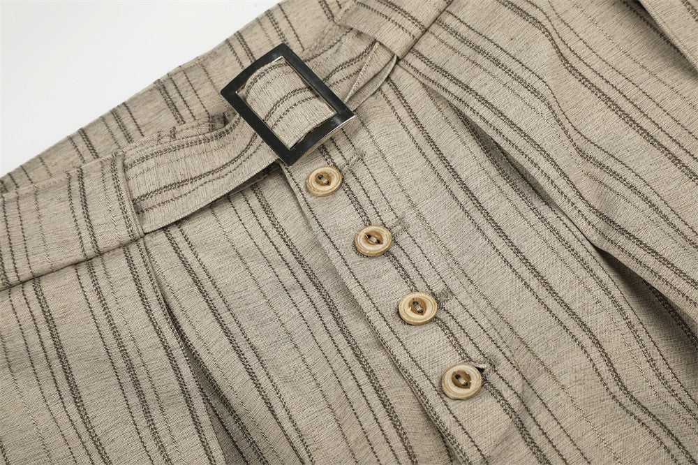 Men's Striped Wide-Leg Trousers with Button Fly and Belt