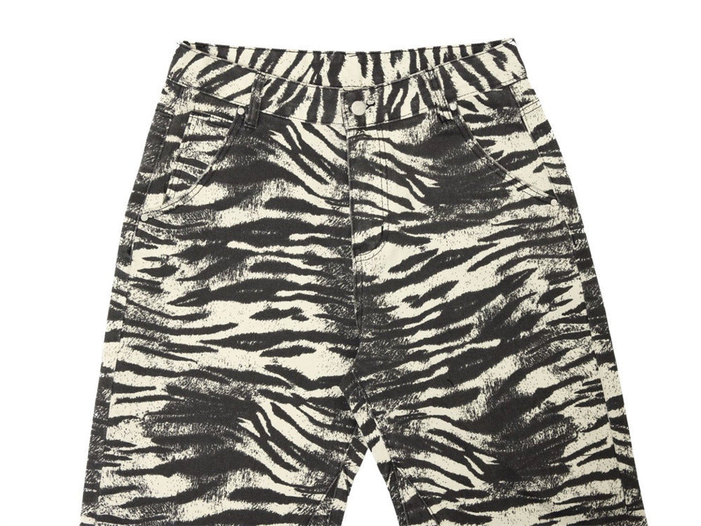 Zebra Print Wide-Leg Jeans – Men's Straight Fit Punk Street Style Denim Pants