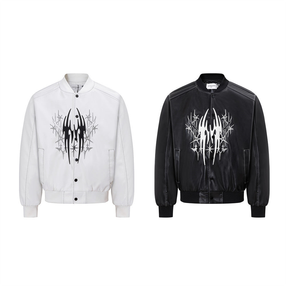 Leather Bomber Jacket Men – PU Punk Tribal Embroidery Oversized Varsity Jacket