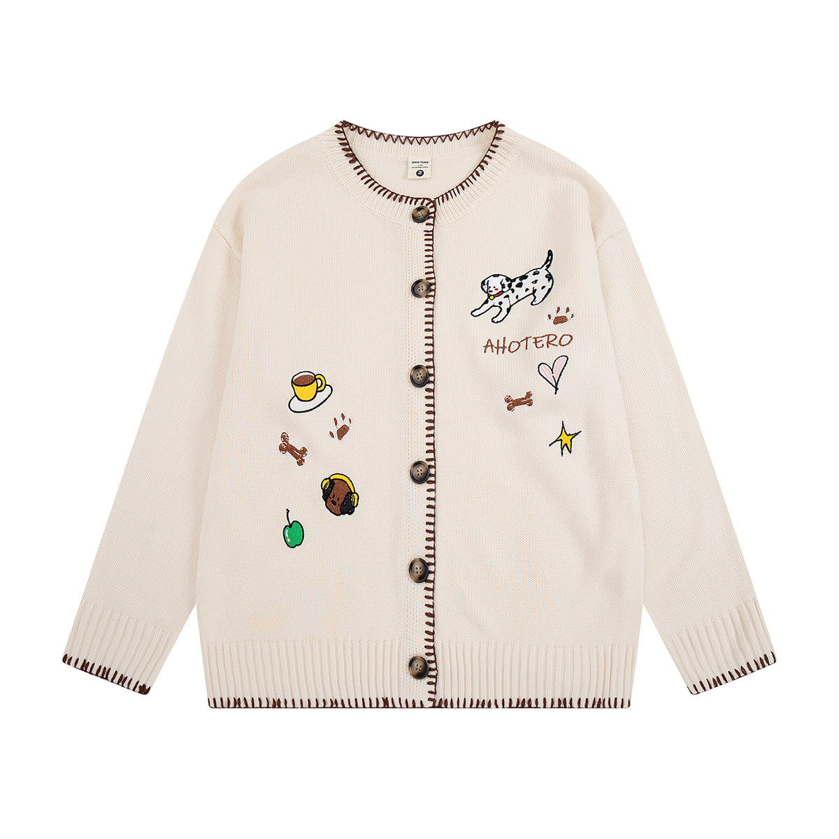 Gilet boutonné en maille crème, broderies de chien dalmatien et de personnages cartoon sur le devant, bordure marron au point de couverture sur l'encolure et a