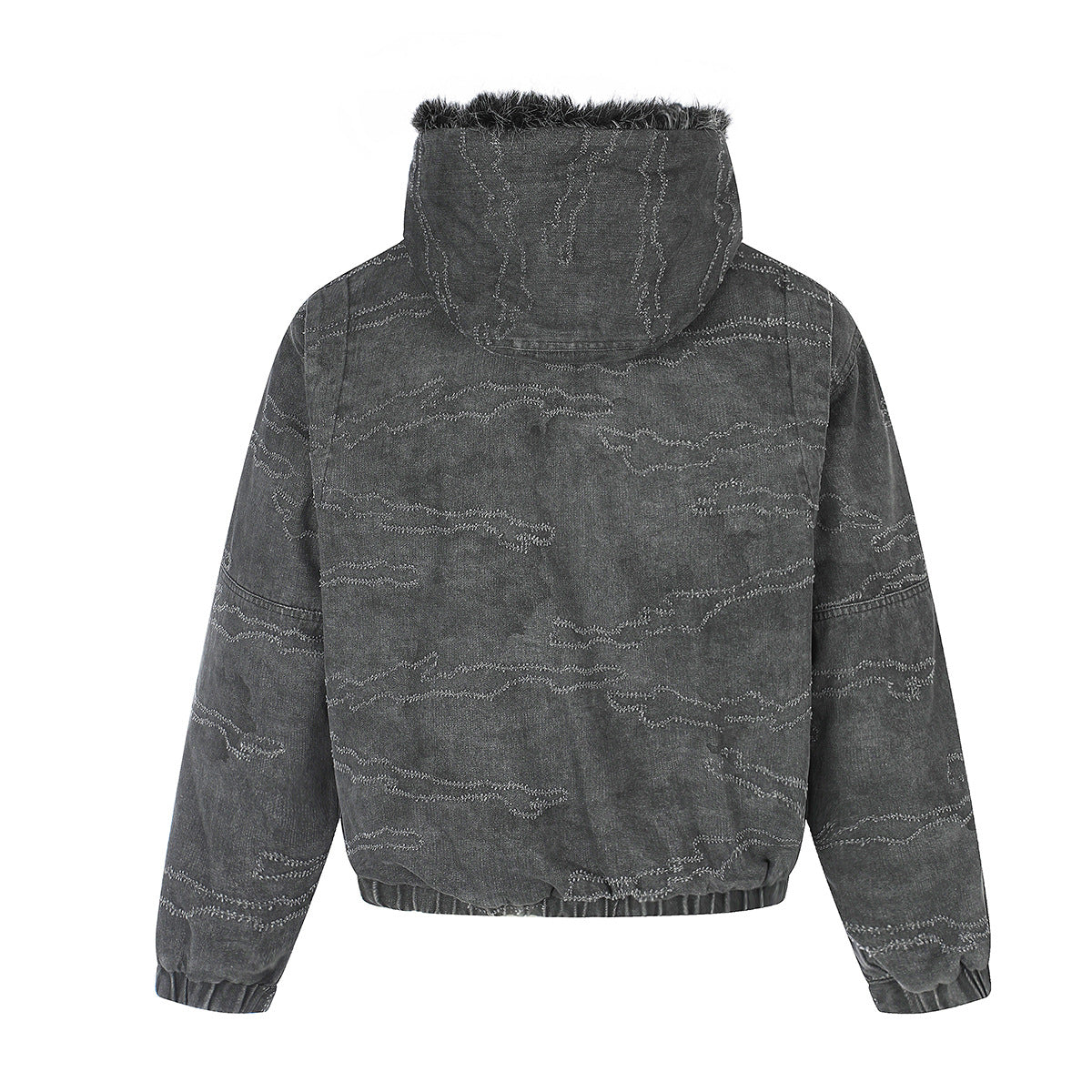 Camo Jacquard Padded Bomber Jacket with Faux Fur Hood