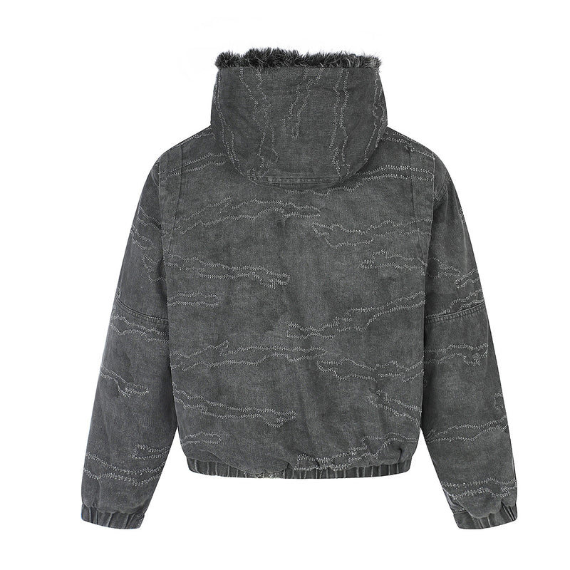 Camo Jacquard Padded Bomber Jacket with Faux Fur Hood