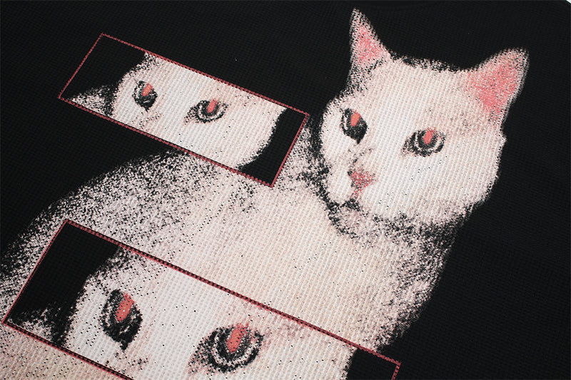 Black Long Sleeve Shirt Women — Oversized Cat Graphic Waffle-Knit Crew Neck Top