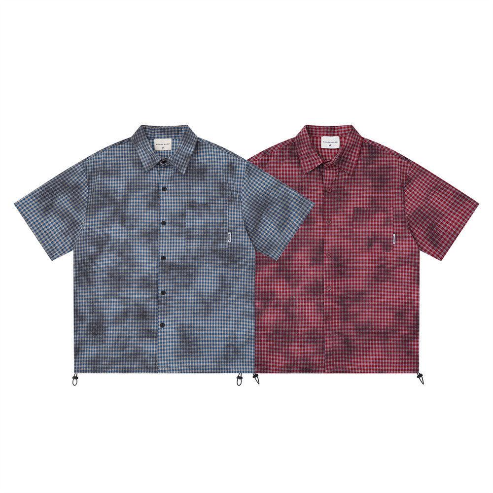 Men's Short Sleeve Shirt – Plaid Tie-Dye Washed Check with Drawstring Hem