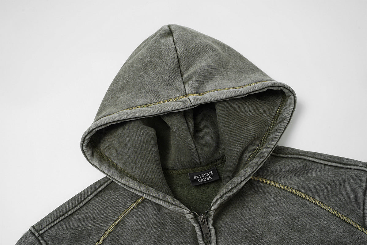 Zip Up Fleece Hoodie – Acid Wash Oversized Contrast Stitch