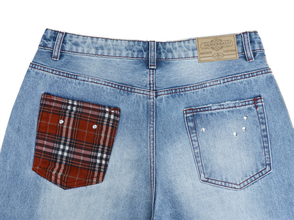 Men's Distressed Flare Jeans – Light Blue Washed Denim with Plaid Patch Detail