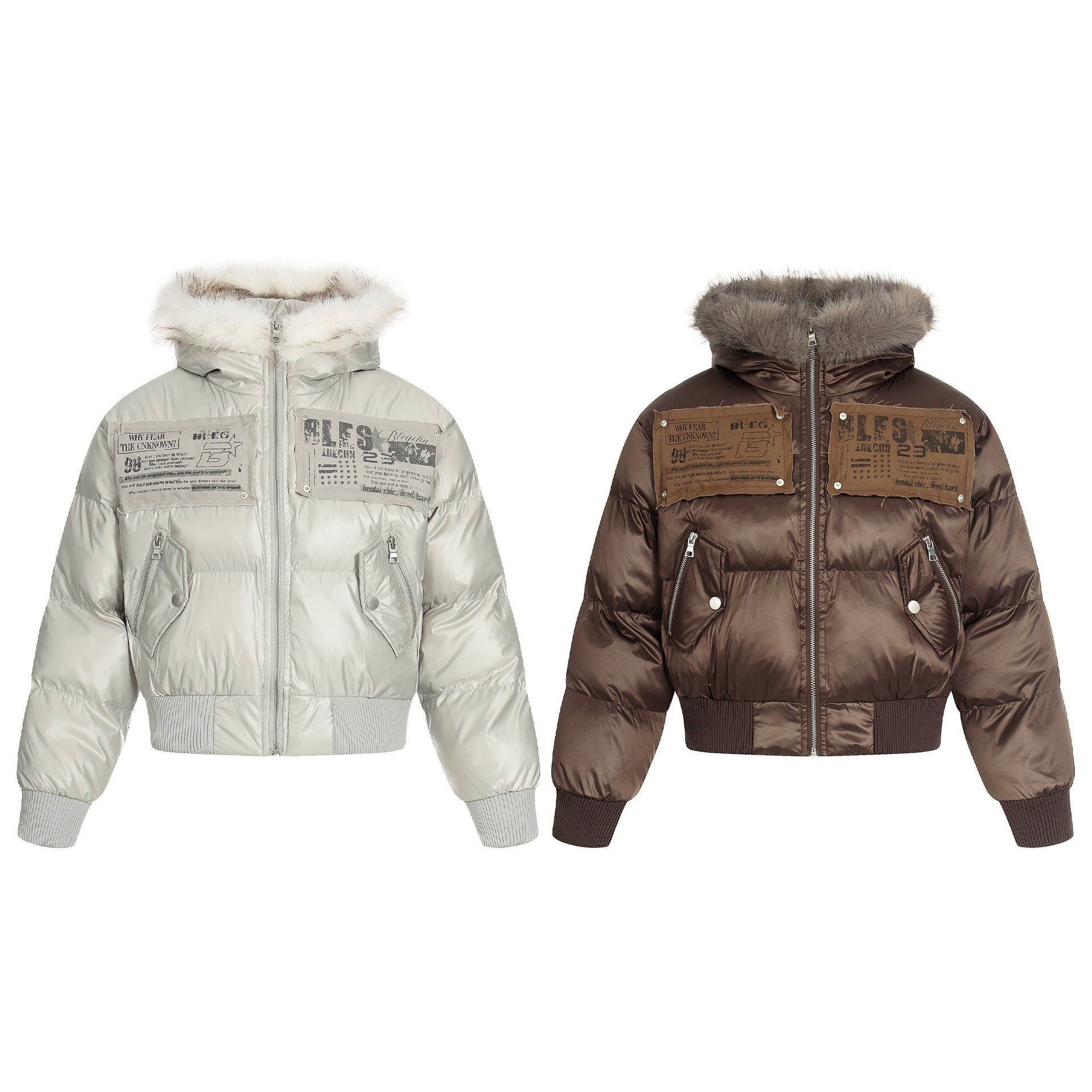 Blouson bomber matelassé court à col en fourrure – Manteau d’hiver à capuche et écussons graphiques
