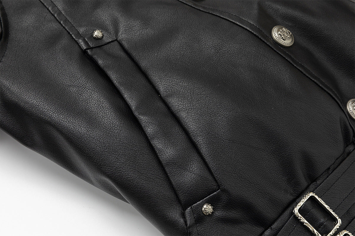 Schwarze Kunstlederjacke mit Kapuze – zweireihig mit Kapuze aus Leoparden-Kunstfell