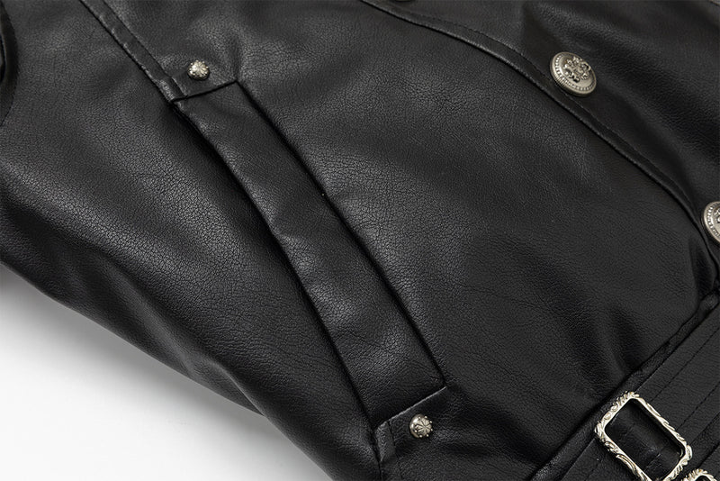 Schwarze Kunstlederjacke mit Kapuze – zweireihig mit Kapuze aus Leoparden-Kunstfell